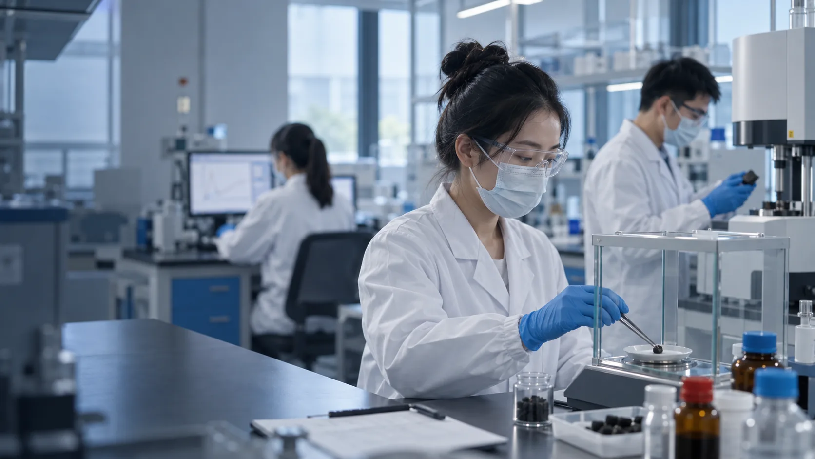 Materials researchers weigh samples, analyse them with instruments, and review data in a laboratory
