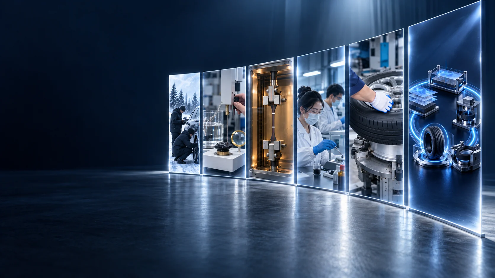 Six vertical panels revisit cold-weather validation, material testing, bonding tests, research, tyre application, and the standardised solution